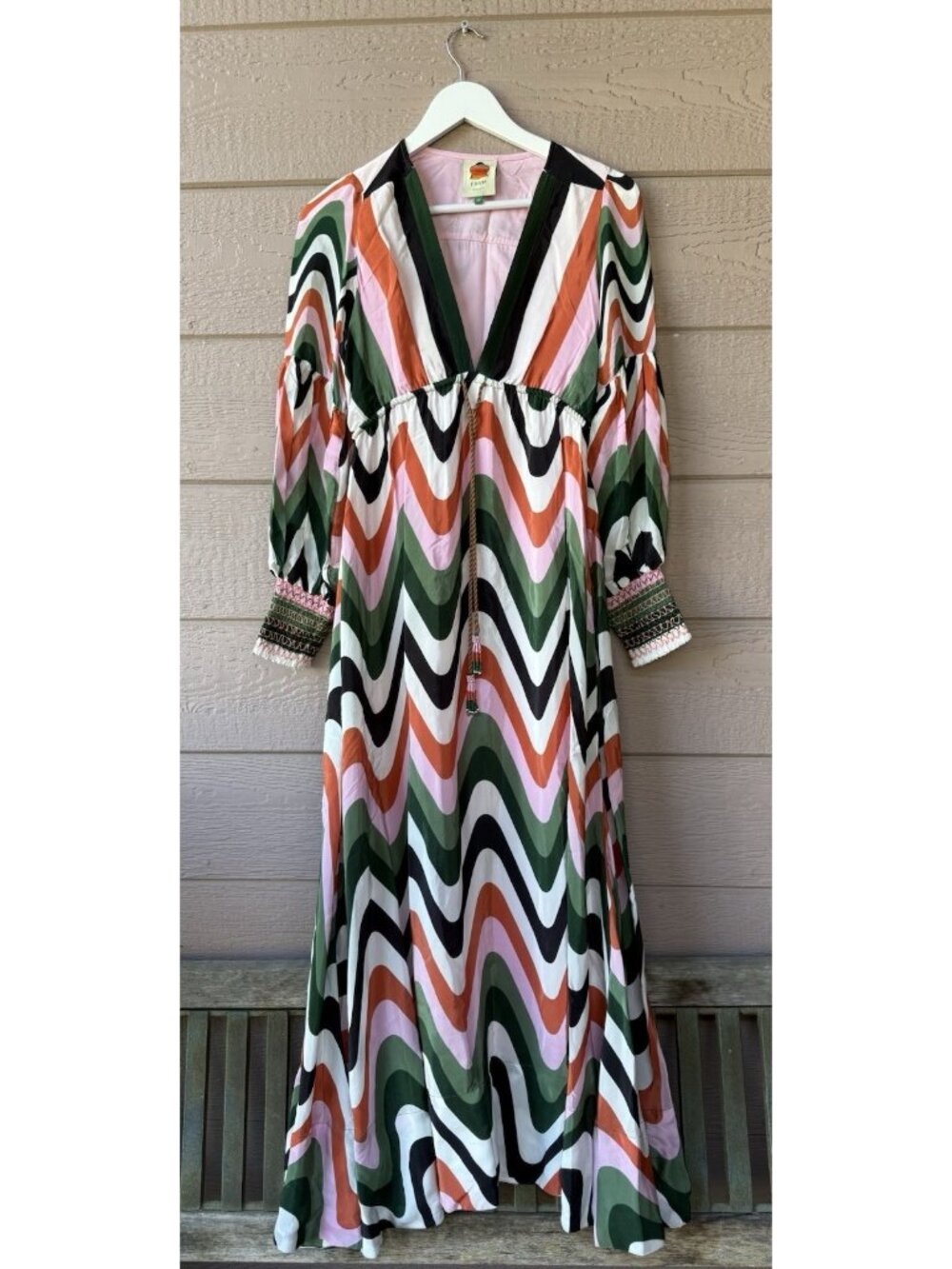 Farm Rio Women’s XS Abstract Wave Print Maxi Dress Long Sleeve Boho NWOT - Picture 4 of 16